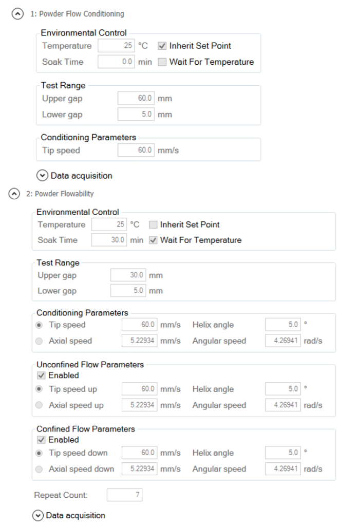 Data acquisition screen shot Figure 3. TRIOS procedure for flow measurements.